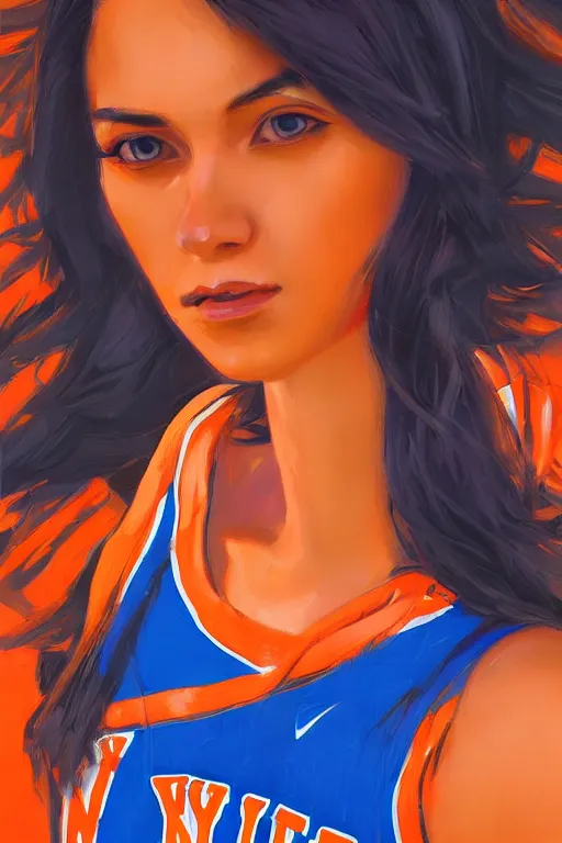 Prompt: A ultradetailed beautiful panting of a stylish woman, she is wearing a New York Knicks basketball jersey, Oil painting, by Ilya Kuvshinov, Greg Rutkowski and Makoto Shinkai