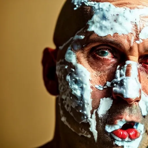 Image similar to close up photo of a bald crimean man with yoghurt on his face