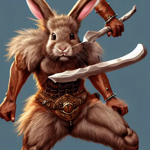 Prompt: portrait of a very cute fursona rabbit barbarian, muscular, wild, d & d, fantasy, intricate, cinematic lighting, highly detailed, digital painting, artstation, concept art, smooth, sharp focus, illustration, art by hajime sorayama