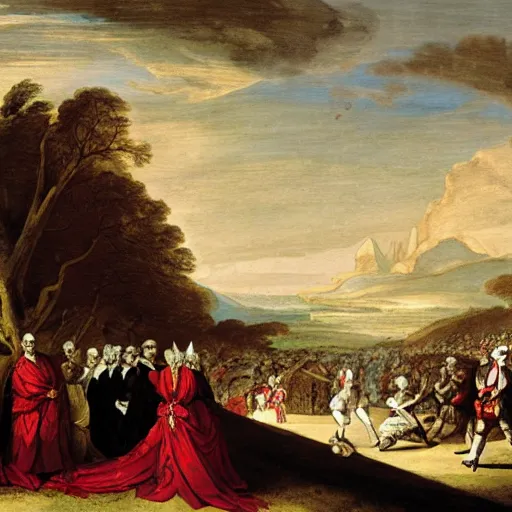 Image similar to 18th century historical painting representing a gigantic metal fork in crimson and black, earth splitting, royal commission, by Joshua Reynolds, Louvre museum catalog photography