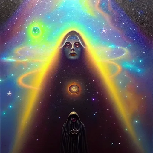 Image similar to facing the darkness, galactic nebular astral realm sacred journey in oil painting, trending on artstation, award winning, emotional, highly detailed surrealist art