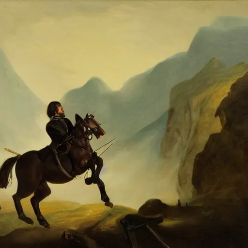 Image similar to large portrait oil on canvas of a man mounted on horseback black while raising a sword with his right hand pointed north, behind him in the vast distance 1 0 0 0 0 warriors can be seen fighting with swords and muskets, low light, cloudy, mountains in the foggy background,