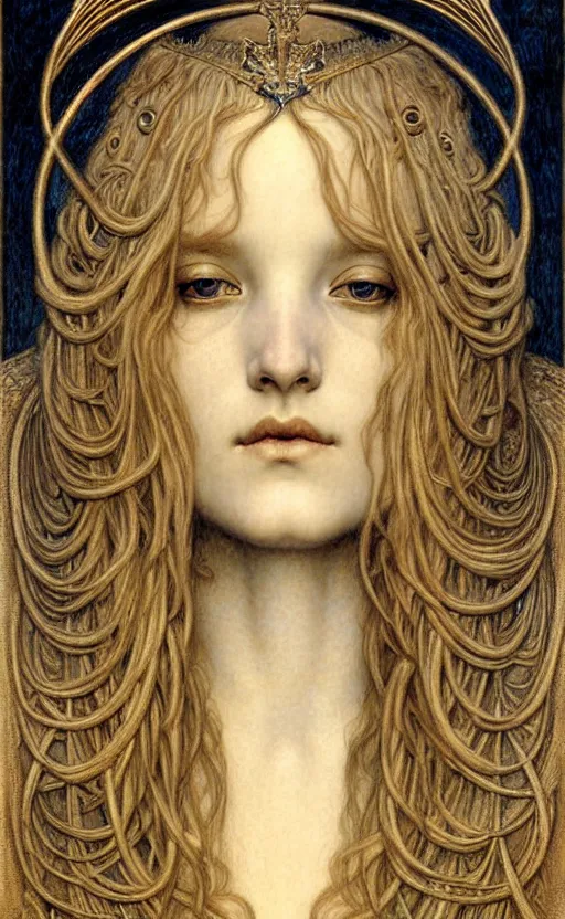 Image similar to detailed realistic beautiful young medieval queen face portrait by jean delville, gustave dore and marco mazzoni, art nouveau, symbolist, visionary, gothic, pre - raphaelite. horizontal symmetry