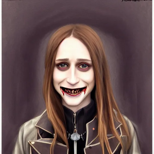 Prompt: pretty female Taissa Farmiga vampire, style ofPeter Mohrbacher, sharp vampire teeth, sarcastic smile showing teeth, symmetrical eyes, realistic face, symmetrical face, brown leather jacket, jeans, long black hair, full body