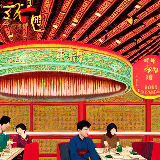 Prompt: a beautiful hyperdetailed interior 4 k hd wallpaper illustration of roasted string hotpot restaurant restaurant yan'an, wall painting, from china, with merchant logo, people are eating kebabs, fine delicate structure, surrealistic, chinese style, victo ngai