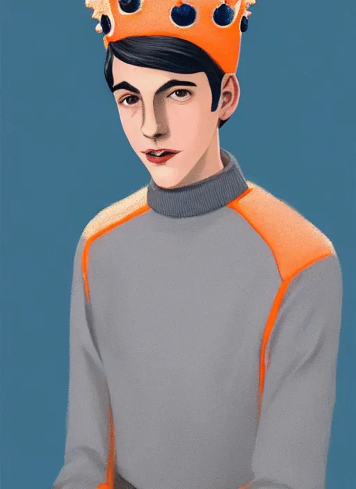 Image similar to portrait of teenage jughead jones wearing a light grey crown, crown, light grey crown, blue turtleneck, 1 9 5 0 s, closed eyes, intricate, peach and orange lighting, elegant, glowing lights, highly detailed, digital painting, artstation, concept art, smooth, sharp focus, illustration, art by wlop, mars ravelo and greg rutkowski