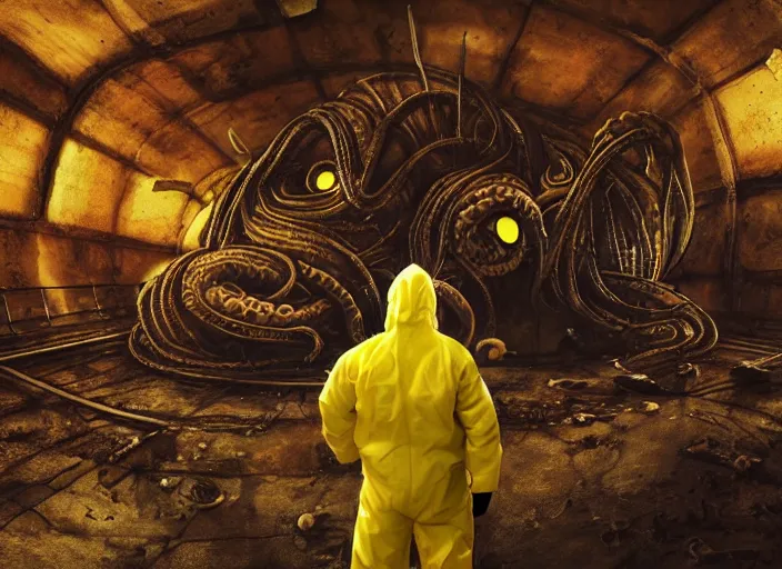 Image similar to a man in a yellow hazmat suit being eaten by a highly detailed Cthulhu Eldritch demon with many eyes and tentacles in an underground brutalist bunker, highly realistic, highly detailed, intricate, cinematic, wide angle, grime, symmetrical and centered, front facing camera, epic lighting, Unreal engine render in 8k