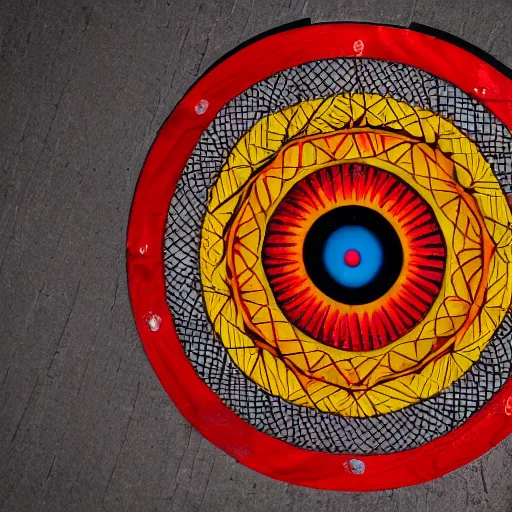 Prompt: a circular pattern of red yellow and grey - blue eye shapes, intricate, made of wood