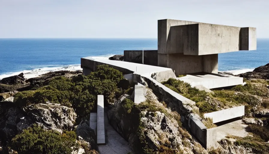 Image similar to coastal perched on a cliff overlooking a magnificient bay, brutalism architecture, drawing architecture, pritzker architecture prize, greig fraser