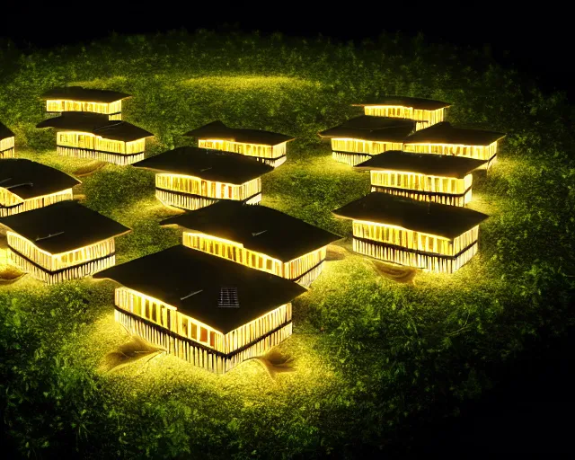 Image similar to connected ecovillage houses with solrarrofs, very big bees flying around - plant goddess high quality photo, microchip, artificial intelligence, bio - mechanical bio - luminescence, black wired cables, neurons, nerve cells, cinematic, rim light, photo - realistic, elegant, high detail, 8 k, masterpiece, high fashion, in the style of man ray