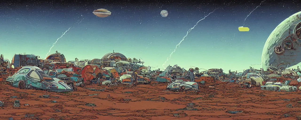 Image similar to illustration of a vast cosmic junkyard on a barren world. the environment is cluttered with colourful old broken sci fi vehicles and Rockets. Landscape image. a distant mountain and stars in the sky. Moebius & Jean-Claude Mézières. digital painting. extremely detailed science fiction art. high resolution image.