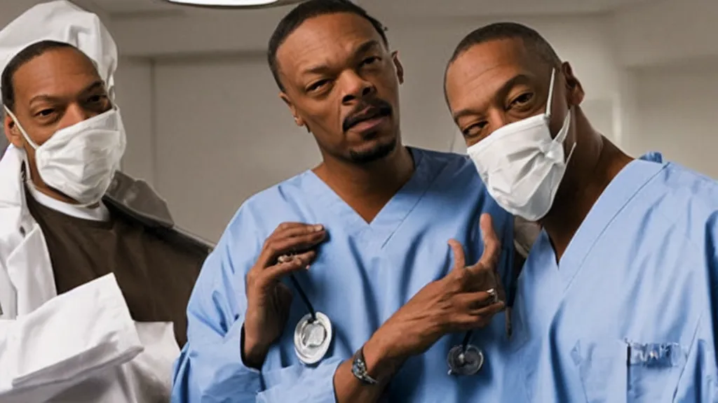 Image similar to Dr. Dre in surgeon scrubs in an emergency room, treating Snoop Dogg