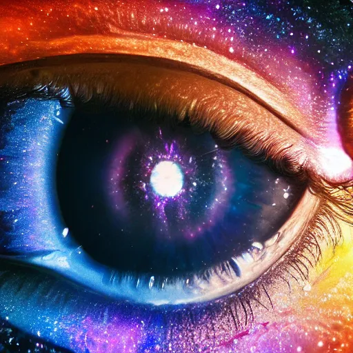 Image similar to galaxy and nebula and space inside of hyper realistic human eye, highly detailed, beautiful, intricate, colour, 4 k hd octane render,