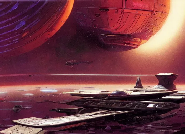 Prompt: terran trade authority spaceship, 1 9 7 0 s sci fi art, by martin deschambault, dean ellis, peter elson, josan gonzalez, david a hardy, john harris, wadim kashin, angus mckie, moebius, bruce pennington