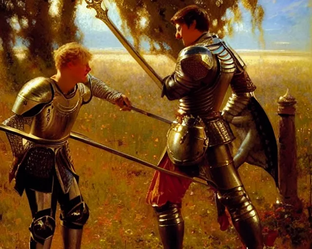 Image similar to arthur pendragon flirting wit his knight. the knight is also flirting back, highly detailed painting by gaston bussiere, craig mullins, j. c. leyendecker