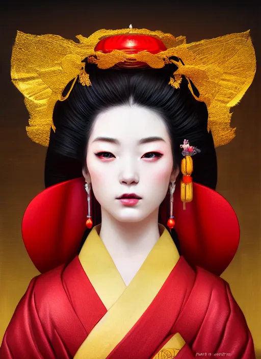 Image similar to dreamlike luxury stunning oiran portrait, red and gold kimono, art by artgerm, wlop, loish, ilya kuvshinov, 8 k realistic, hyperdetailed, beautiful lighting, detailed background, depth of field, symmetrical face, frostbite 3 engine, cryengine,