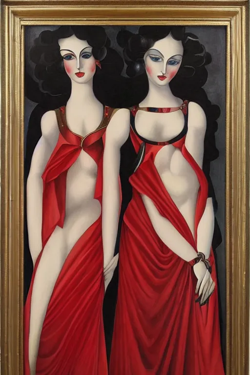 Prompt: highly detailed painting of gemini goddesses wearing red celestial gowns, black bull standing in front, framed with flowers by tamara de lempicka