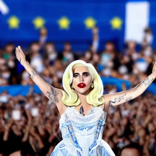 Image similar to Lady Gaga as president, Argentina presidential rally, Argentine flags behind, bokeh, giving a speech, detailed face, Argentina