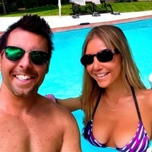 Prompt: photo of a 4 0 year old man that looks young for his age dating a very attractive 2 2 year old woman wearing a bikini. they are at a pool party.