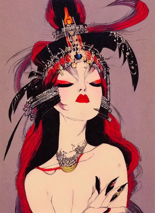 Image similar to junoesque female korean vampiress, jeweled headdress, heavy mascara, strong line, saturated color, beautiful! coherent! by frank frazetta, high contrast, minimalism