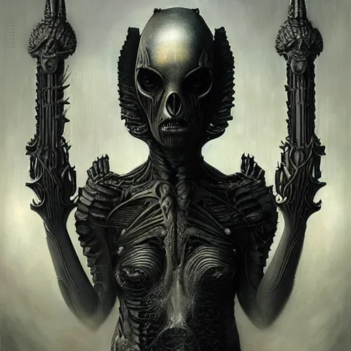 Prompt: by Tom Bagshaw, ultra realist soft painting of giger universe of curiosities, single female Xeno mutation in gothic armor, partial symmetry accurate features, very intricate details, focus, curvy, award winning, ultra dense fog