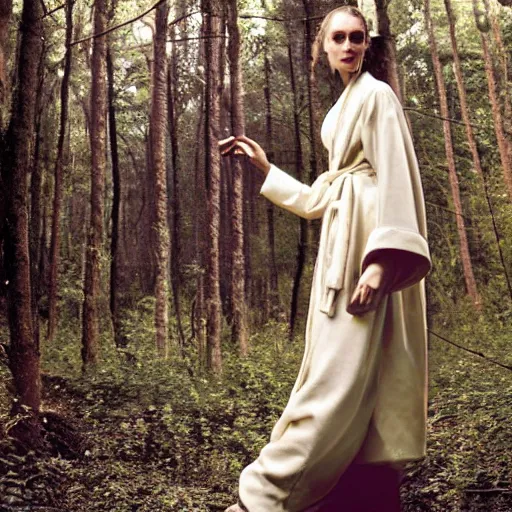 Prompt: a woman with a robe made of wire in a forest, vogue magazine