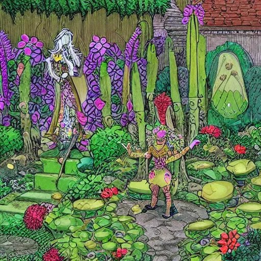 Image similar to intricate detailed Garden, Green Witch Walking her Garden, magical garden plant creatures, enchanted, life like plants, In style of 1992 X-Men: The Animated Series, high detail