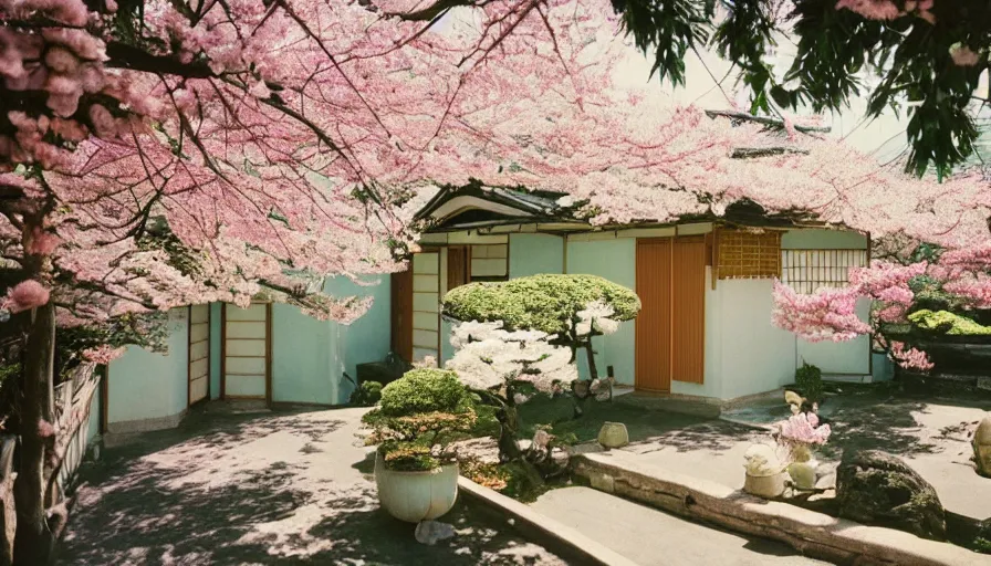 Image similar to 1 9 9 0 s candid 3 5 mm photo of a beautiful day in the a dreamy flowery japanese cottage, cinematic lighting, cinematic look, golden hour, a desk for flower arrangements has sun shinning on it through a window, temple and cherry blossoms in the distance, photographed by petra collins, magical details and glowing lights, uhd