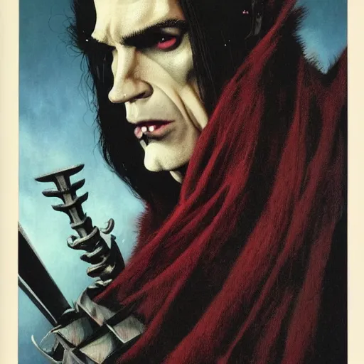 Image similar to head and shoulders vogue fashion photo portrait of a male vampire, d & d, fantasy, greg rutkowski, frank frazetta, alexandre chaudret, boris vallejo, michael whelan, miro petrov, hr giger, magali villeneuve, donato giancola