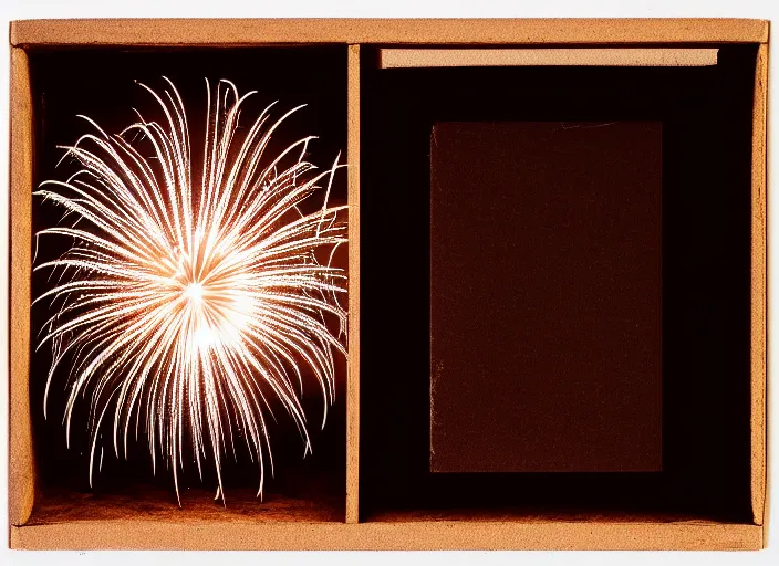 Prompt: realistic photo of a white fireworks, in a wooden box, front view, grain 1 9 9 0, life magazine reportage photo, metropolitan museum photo