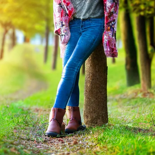 Image similar to young woman in her 20s, she wears boots, its spring, photography, very detailed face, full body shot