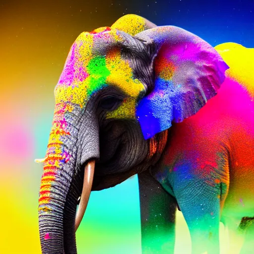 Prompt: photograph of happy elephant covered in bright-colored powder, holi, sharp focus, cinematic lighting, rim lighting, clouds of colored powder flying in the background, enhanced, 4k, hd, flickr