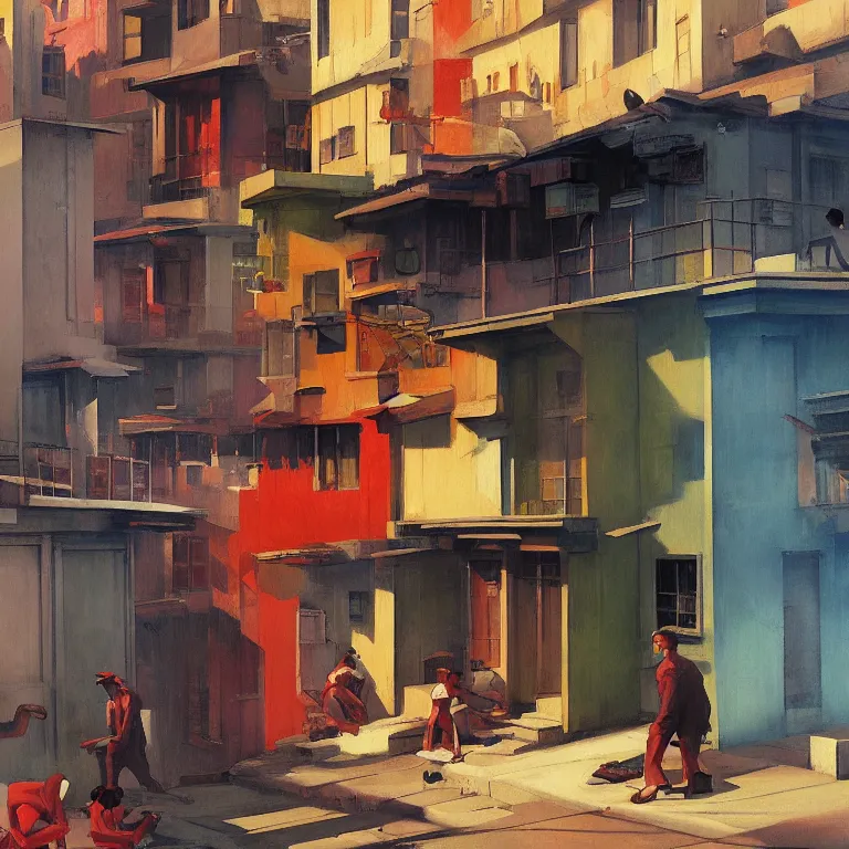 Image similar to honk kong slums in smoke, , painted by Edward Hopper, painted by James Gilleard, airbrush