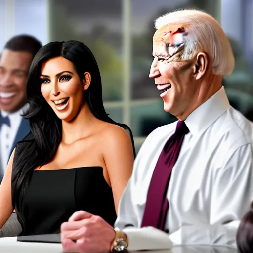 Image similar to stock photo of kim kardashian, and joe biden wearing suits and ties laughing in an office building, 8k resolution, full HD, cinematic lighting, award winning, anatomically correct