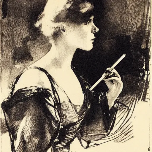 Image similar to anders zorn etching. damsel smoking a long cigarette. ink