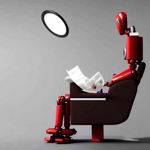 Image similar to futuristic studious matte brown and red and chrome full-body humanoid robot with two huge round expressive sad purple glowing LED eyes and open rectangular mouth sitting on a large comfortable cushioned 1950s vintage recliner reading a newspaper. open newspaper. Cinematic Movie Photograph, Arri Alexa, Extremely Detailed, smooth, very very clean, 8K, octane render, maya render, unreal engine, trending on artstation, DSLR, excellent composition, center frame