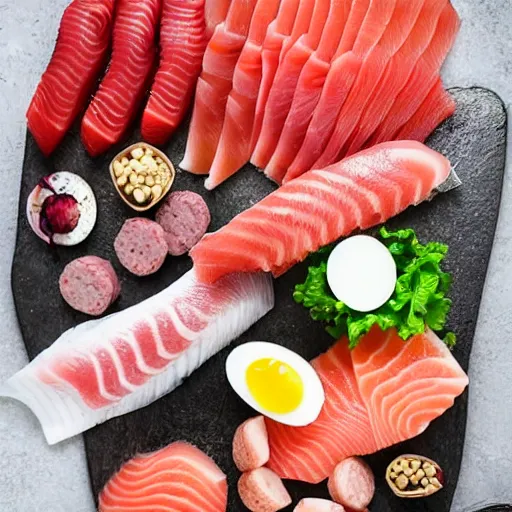 Image similar to digging board full of sashimi, sausages and hardboiled eggs