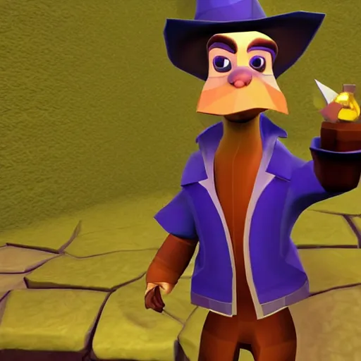 Image similar to screenshot of a humanoid inspector badger with a brown trenchcoat as an npc in spyro the dragon video game, with low poly playstation 1 graphics, upscaled to high resolution