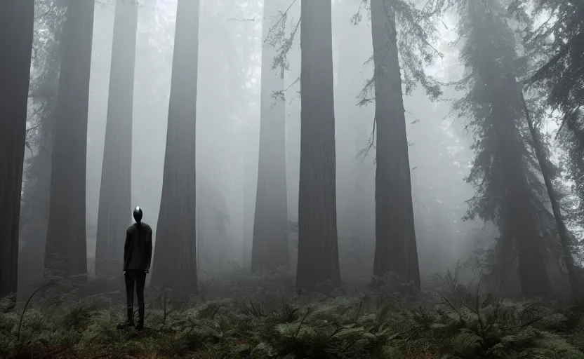 Prompt: 12 ft tall, faceless Slenderman standing in the forest, redwood sequoia trees, ominous foggy environment, best of artstation