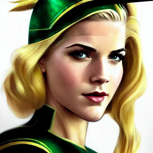 Image similar to A combination of Katheryn Winnick's and Grace Kelly's and Emma Watson's faces with blonde hair as Green Arrow, western, D&D, fantasy, intricate, elegant, highly detailed, digital painting, artstation, concept art, matte, sharp focus, illustration, art by Artgerm and Greg Rutkowski and Alphonse Mucha