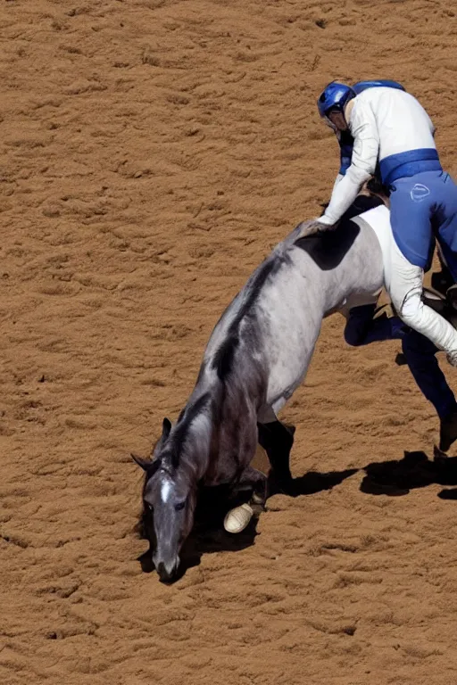 Image similar to horse wrestles astronaut on all fours on hands and knees in grappling in closed guard on mount position