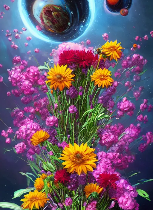 Image similar to An epic fantastic realism comic book style painting of the most beautiful flowers launched into space, bouquets, fisheye lens, unreal 5, DAZ, hyperrealistic, octane render, dynamic lighting