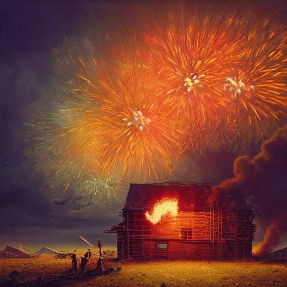 Prompt: a highly detailed 4 k fantasy matte painting of shed on fire and fireworks in the sky above, zdzislaw beksinski, artstation, cgsociety, unreal engine, colorful fireworks