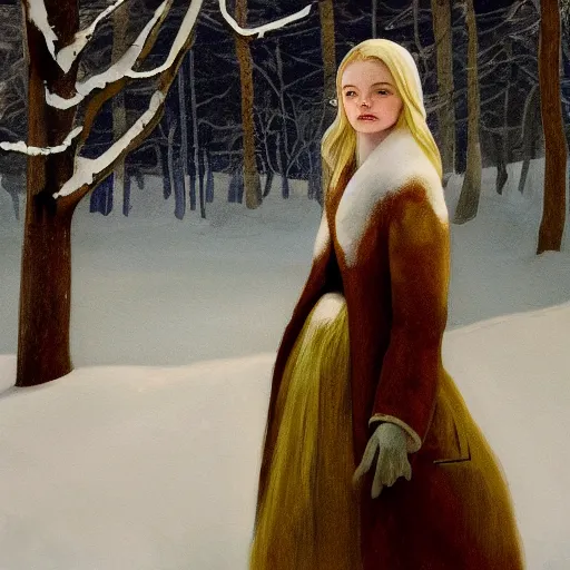 Image similar to Elle Fanning in a winter wonderland, head and shoulders masterpiece, apocalypse, golden hour, cosmic horror, artstation, in the style of Andrew Wyeth and Edward Hopper and Edwin Blashfield, extremely detailed