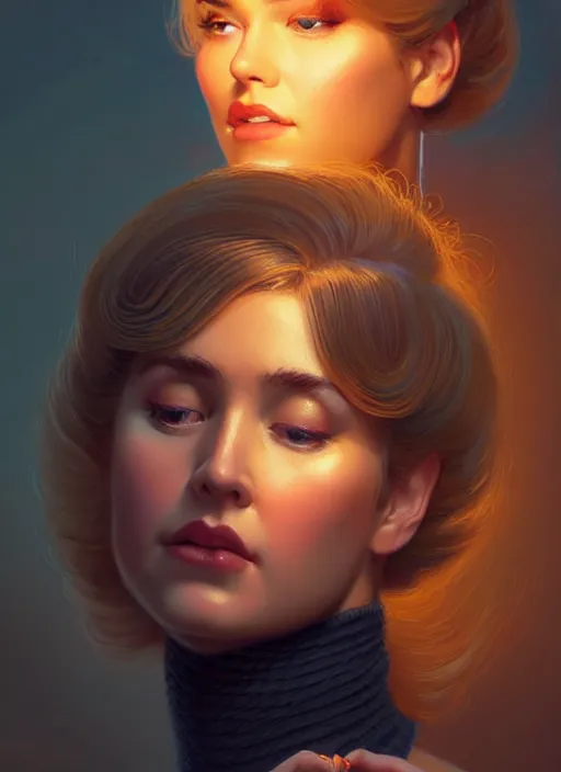 Image similar to portrait of betty cooper with fluffy bangs, bangs, 1 9 6 0 s, ponytail, curly bangs and ponytail, rounder face, intricate, elegant, glowing lights, highly detailed, digital painting, artstation, concept art, smooth, sharp focus, illustration, art by wlop, mars ravelo and greg rutkowski