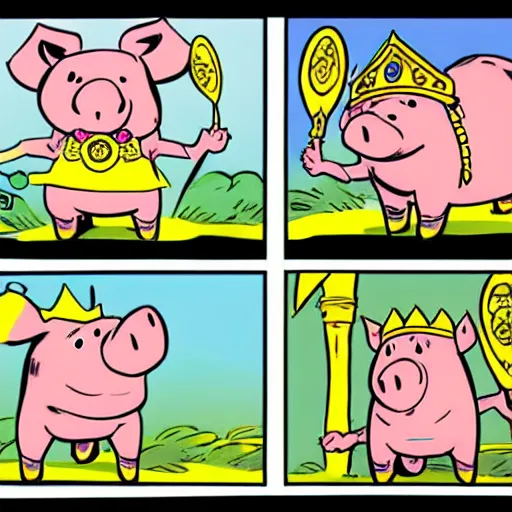 Image similar to concept sketches of a pig wearing a gold crown by Bill Watterson, in the style of 1970s cartoons