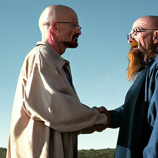 Prompt: walter white and jesus shaking hands