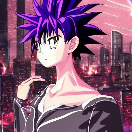 Image similar to 1 7 - year - old black haired anime goth girl wearing gothic jacket, spiky hair, super saiyan aura, psychi powers, floating above roof, futuristic city in background, 2 0 0 1 anime, subsurface scattering, intricate details, art by toei, art by studio gainax, studio trigger art, anime screenshot