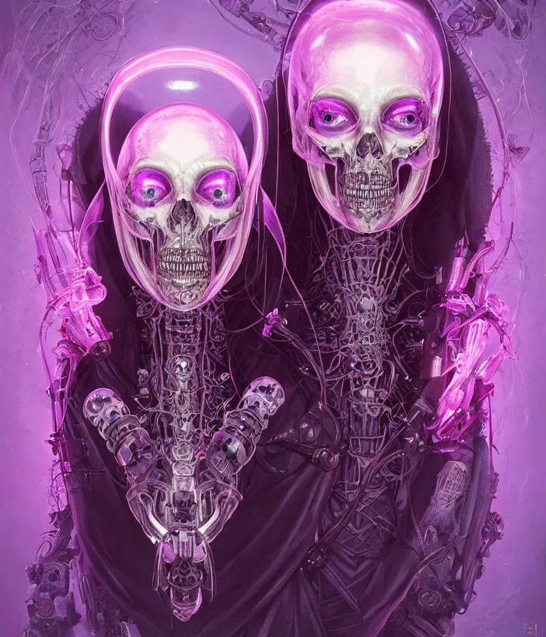 Image similar to fully symmetrical centered iridescent portrait of a beautiful princess of death in robe. skulls artificial muscles, ribcage, bones, hard surface modelling. cyberpunk look. biomechanical mask. bio luminescent biomechanical halo around head. neon jellyfish. artwork by jarold Sng by artgerm, by Eddie Mendoza, by Peter mohrbacher by tooth wu, unreal engine, octane render, cinematic light, high details, iridescent colors, dichroic, macro, depth of field, blur