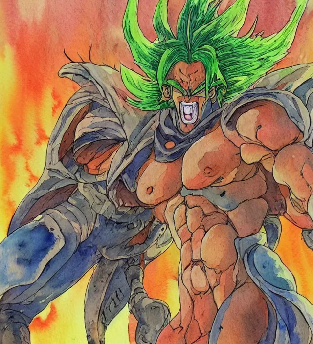 Image similar to a 3 / 4 view watercolor ink painting of broly as a demon in the style of jean giraud in the style of moebius trending on artstation deviantart pinterest detailed realistic hd 8 k high resolution